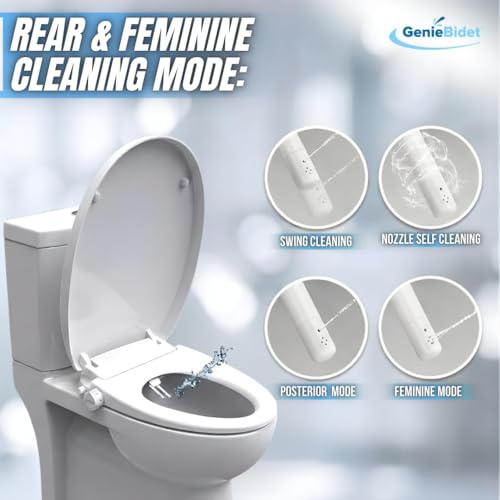 Image of GenieBidet Right Side Bidet Toilet Seat Round - Round Bidet Toilet Seat with Adjustable Self-Cleaning Nozzles, Attachment, T Adapter & Bottle - Non Electric Bidet Seat