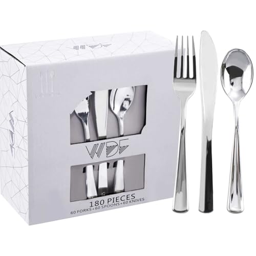 WDF 180 Pieces Silver Plastic Silverware - Silver Plastic Cutlery - Plastic Silverware Heavy Duty - 60 Forks 60 Knives 60 Spoons - Disposable Plastic Utensils Perfect for Party/Wedding