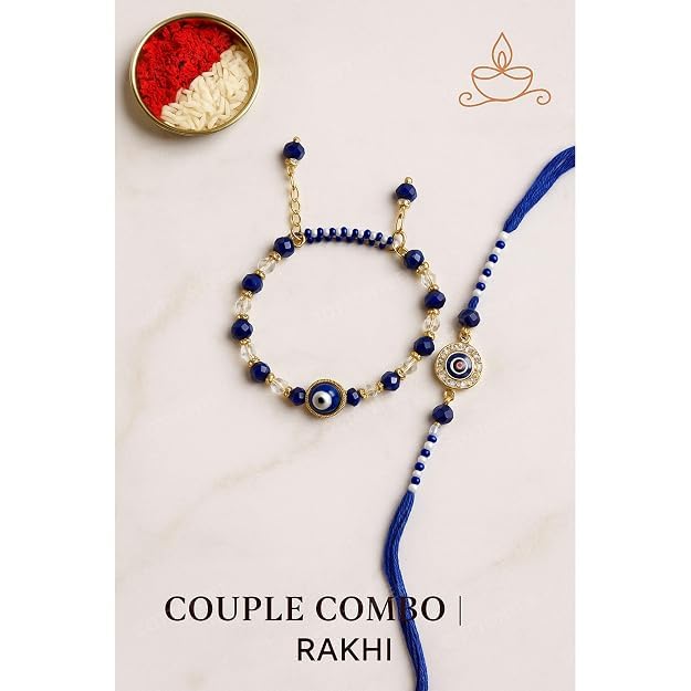 Image of PRINT BHARAT Rakhi for Brother with Coaster, Kumkum & Chawal | Traditional Beaded Thread Rakhi with Royal Kalai Thread | Raksha Bandhan Gift Hamper