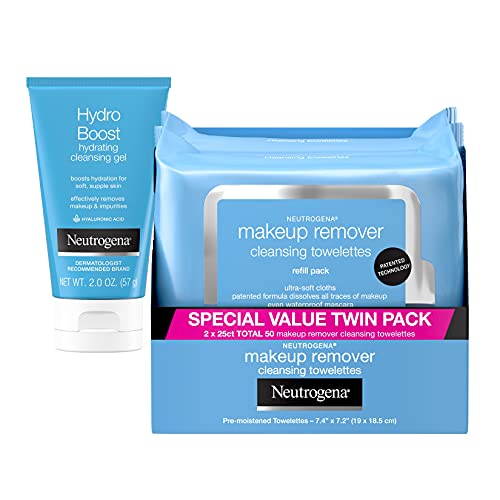 "Neutrogena Makeup Remover Facial Cleansing Wipes, Value Twin Pack, 2 x 25ct, & Neutrogena Hydro Boost Lightweight Hydrating Facial Cleansing Gel with Hyaluronic Acid, 2 oz, Travel Pack"