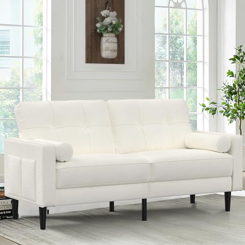 Aotumm Ciort Sofá 2 Plazas Moderno con Cojines Gruesos, 2 Almohadas, Lino con Bolsillos de Almacenamiento para Sala de Estar/Dormitorio/Oficina, Fácil Montaje (Blanco Clásico)