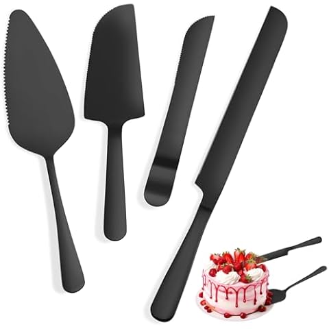 4 Pcs Black Cake Cutting Set, Premium Cake Cutter & Pie Server Set for Wedding, Thickened Stainless Steel Cake Knife and Server with Rounded Edges, Pie Server Spatula Birthday Christmas Gift Cover
