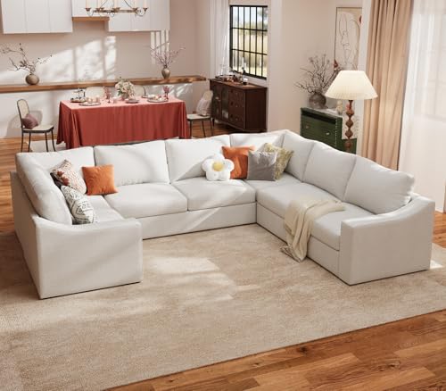 ABCASA Oversized 136" U Shaped Sectional Sofa with Detachable Sofa Cover,Sectional Modular Couch for Living Room,Breathable Linen Fabric Corner Couch with 9 Seats for Apartment,Ivory