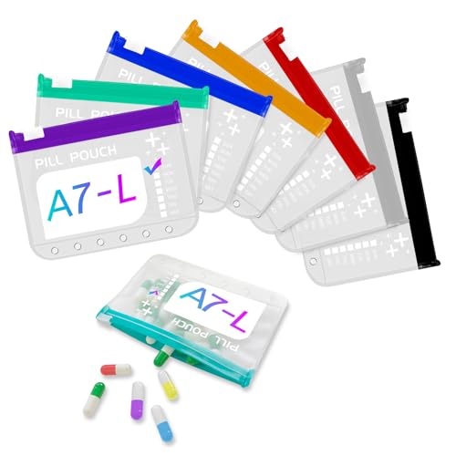 The A7-L Reusable Pill Pouches Set is Designed to fit the A7 Binder. Zippered Pill Organizers Weekly, Travel Pill Container, Reusable Zipper Pouches, Color-Coded Medicine Pouches