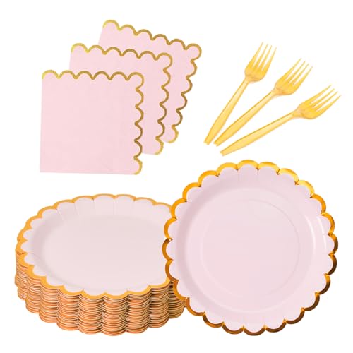 Leapig Pink & gold scalloped party plates with napkins and fork gold foil border, 24 Guest Pink disposable Tableware Set Party Decoration for Birthday Coquette Bridal Baby Shower Valentines