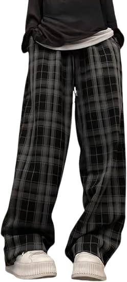 Womens Y2K Plaid Pant Casual Drawstring High Waist Wide Leg Emo Grunge Pants Goth Streetwear