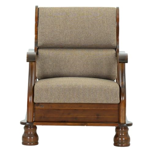 Image of Royaloak Melaka Wooden Single Seater Sofa with Brown Colour Cushion | Solid Wood | Fabric Cushion Cover | Moulded Foam Cushions | Curved Arm Design | Durable & Long Lasting | Malaysian Collection
