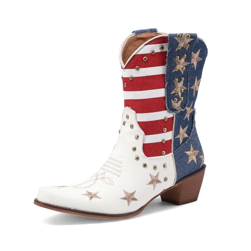 Embroidered Cowboy Western Jean Boots Women USA Flag Cowgirls Ankle Booties Comfy Dress Heeled Shoes Stars Stripes Studded Rivets Footwear for Cosplay Birthday Dance Mother’s Day