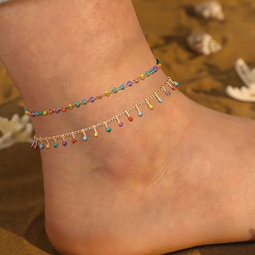 Image of MTMY Gold Anklets for Women 14K Gold Plated Tiny Bead Anklet Colorful Tassel Foot Chain Dainty Adjustable Cute Summer Beach Boho Anklets Jewelry Gift