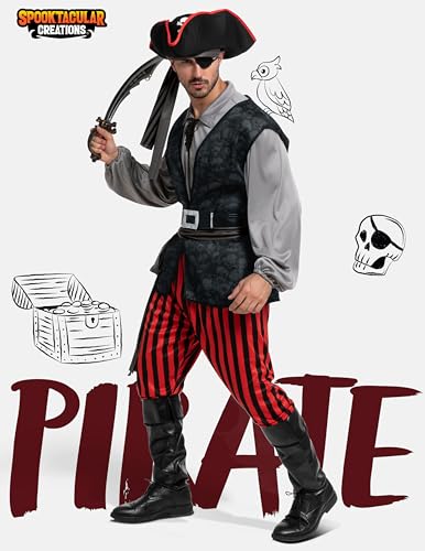 Spooktacular Creations Men Pirate Costume, Adult Pirate Shirt Vest Viking Pants Hat Set for Halloween Themed Parties2
