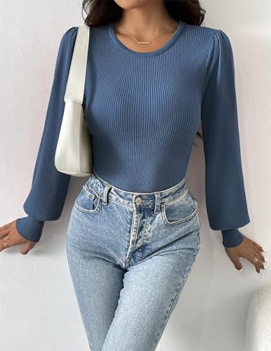 Image of Zeagoo Womens Sweaters Long Sleeve Bodysuits 2026 Fall Crewneck Puff Knit Pullover Tops