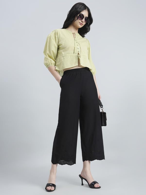Image of GO COLORS Women Cotton Hakoba Wide Pant Ankle Length, Floral Embroidery, Relaxed Fit, Mid-Rise with Side Pocket