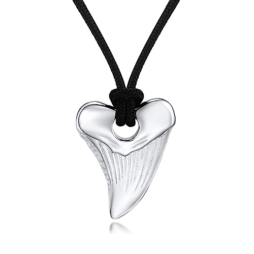 Shark Tooth Necklace for Men, Shark Teeth Stainless Steel Pendant Necklace, Cool Adjustable Rope Hawaiian Beach Summer Surfer Chain Protection Jewelry Gift for Men Women