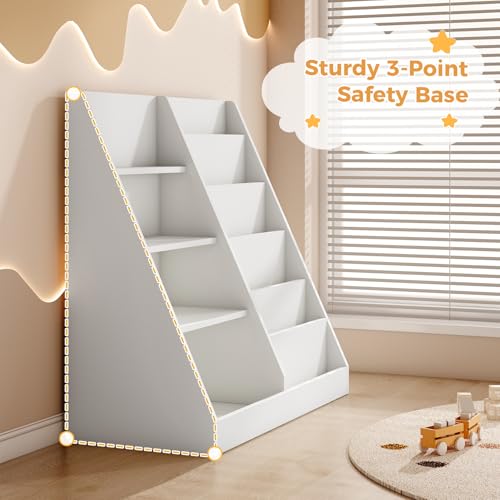 Image of Tatub 6 Tier Kids Wooden Bookshelf and Toy Storage, Children Toy Organizer with Book Shelves, Toddler BookRack Baby Bookcase for Nursery, Playroom and Classroom, White