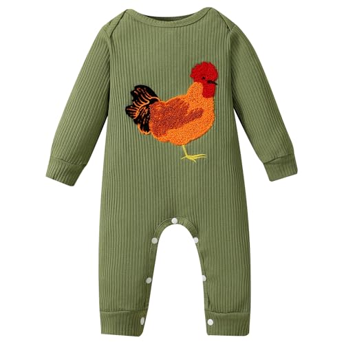 Image of Tsnbre Newborn Boy Girl Outfits Rib Knit Romper Long Sleeve Farm Chicken Bodysuit 0 3 6 9 12 Months Netural Baby Clothes