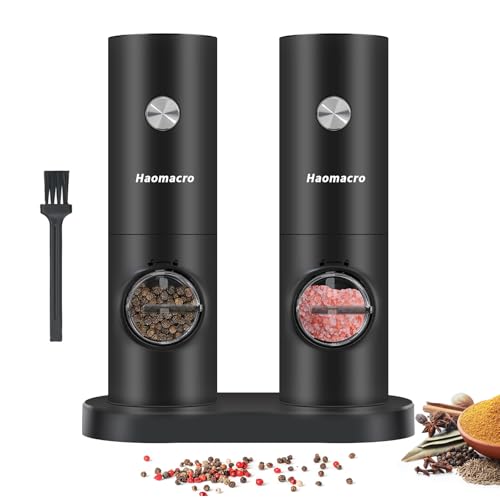 Electric Salt and Pepper Grinder Set,Haomacro 2Pcs Battery Operated Pepper Mills Grinder with Base,Adjustable Coarseness and Automatic Single Hand Operation for Home Kitchen Cooking BBQ