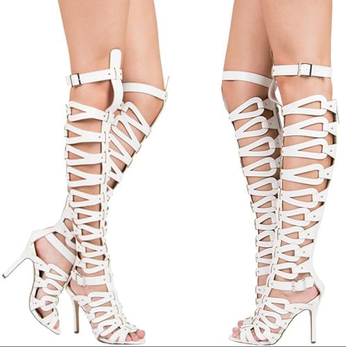 Image of Hanfike Knee High Sandals for Women Gladiator Cut Out Summer Roman Boots