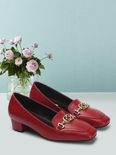 Image of ELLE Women's Square Toe Block Heels Slip-On Pumps with Buckle Detail