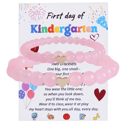 First Day Of Kindergarten Pre-K Back to School Matching Heart Bracelets, Mommy and Daughter Wish String Setracelets Jewelry Gifts (Pink)