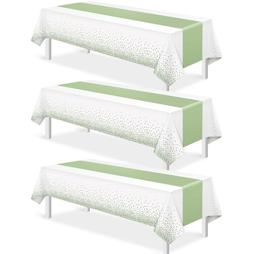 Image of 3Pcs White and Sage Green Tablecloth Decorations,Plastic White Table Cloth Printed Green Table Runner Disposable Rectangle Tables Cover for Birthday Wedding Anniversary Graduation Party,54 x108 Inch