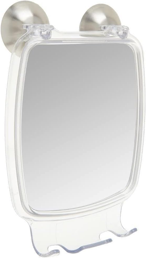 iDesign Forma Suction Shower Shaving Mirror with Razor Holder for Bathroom or Shower, Fog-Free Mirror with Strong Power Lock, Clear