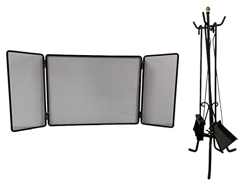 Set Camino in Ferro Battuto Nero con Parascintille 3 Ante 100x45 cm e Kit Attrezzi 58 cm Attizzatoio Pinza Scopino Paletta