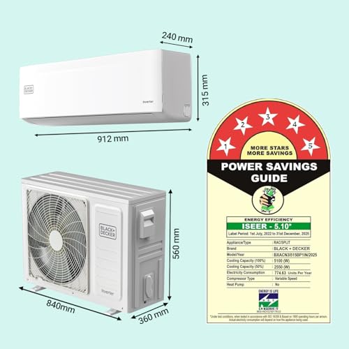 Image of Black+Decker 1.5 Ton 5 Star Inverter Split AC (100% Copper, 7-in-1 Convertible Cooling Modes, PM 1.0 Filter, 4-Way Swing, Cooling at 55 C, BXACN3I515BP1IN)