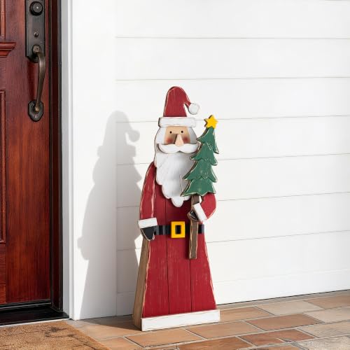 Image of Glitzhome 30 inchH Christmas Chunky Wood Santa Porch Sign,Standing Santa Porch Decor,Rustic Merry Christmas Welcome Sign for Holiday Party Outdoor Indoor Xmas Decorations