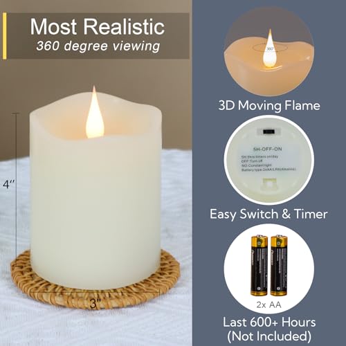 Image of TECHLONG Flameless Candles Battery Operated with Remote Timer, 3D Moving Flame Flickering, Last 600+ Hours Battery Candles, 3 inch x 4 inch Ivory Real Wax Electric LED Candle for Wedding Party, Set of 2
