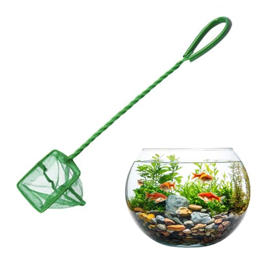 Green Fine Mesh Aquarium Fish Net with Long Stainless Steel Handle for Catching Small Fish and Shrimp in Tanks