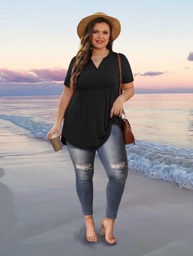 SHIJIALI Women's Plus Size Henley Shirts V Neck Tunic Tops Casual Short Sleeve Swing Flowy Blouse Pure Black-X-Large — view 6
