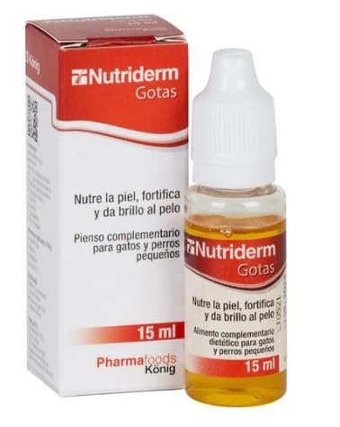 Nutriderm Gotas 15 ml. Nutre la piel, fortifica y da brillo al pelo para gatos y perros pequeños. Nutre la piel, fortifica y da brillo al pelo