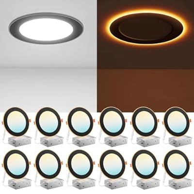 Amico 12 Pack Black 6 Inch 5CCT LED Recessed Ceiling Light with Night Light, 2700K/3000K/3500K/4000K/5000K Selectable Ultra-Thin Lighting, 12W=110W, 1100LM, Dimmable Canless Wafer Downlight - ETL&FCC