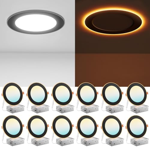Amico 12 Pack 6 Inch LED Recessed Light with Night Light, 5CCT, Black