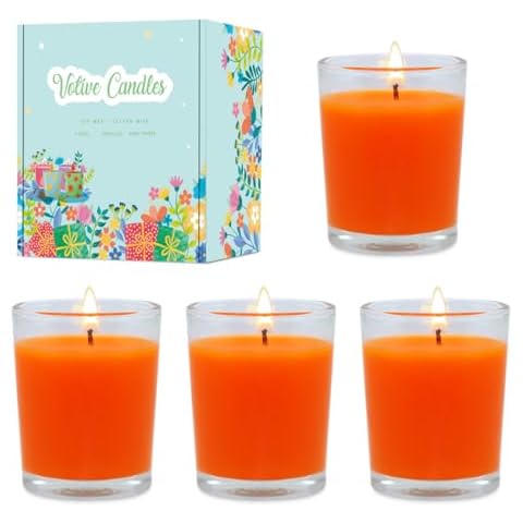 Unscented Orange Votive Candles in Glass Small Natural Soy Wax 2 Inch Harvest Fall Colored Candles for Halloween Thanksgiveing Day Wedding Party Dinner Table Home Decoration, 4 Packs Cover