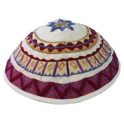 Kippa Yaïr Emanuel brodée motif mosaïque blanc cadeau bar mitzvah