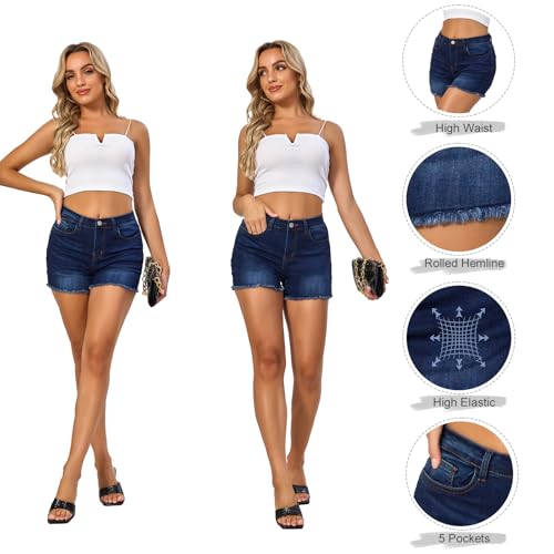 Image of VIPONES Women Mid Rise Jeans Shorts Frayed Raw Hem Summer Stretchy Casual Denim Shorts