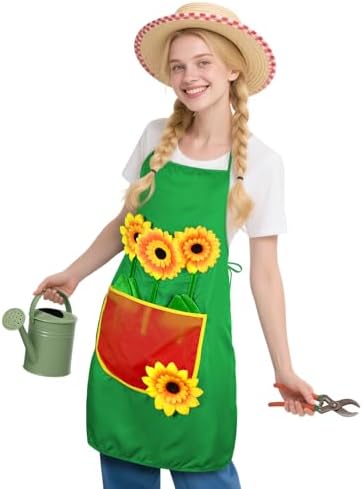AYBUY Gärtnerschürze, Sonnenblumen Schürze Gärtner, Gärtnerin Kostüm Grillschürze mit Taschen, Unisex Design für Karneval, Kostümpartys und Mottopartys