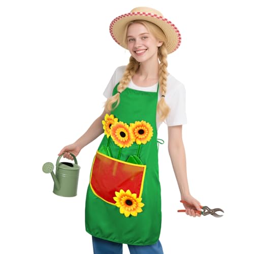 AYBUY Gärtnerschürze Sonnenblumen Schürze Gärtner Gärtnerin Kostüm Grillschürze mit Taschen Unisex Design für Karneval Kostümpartys und Mottopartys Grün-A Erwachsene