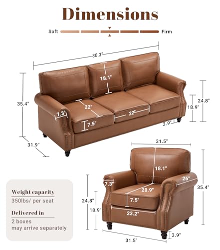 Image of Kingfun Mid-Century Modern Couch, Faux Leather Sofa Set, 3 Seater Couch for Living Room with Rolled arms & Nailhead Trim,Brown