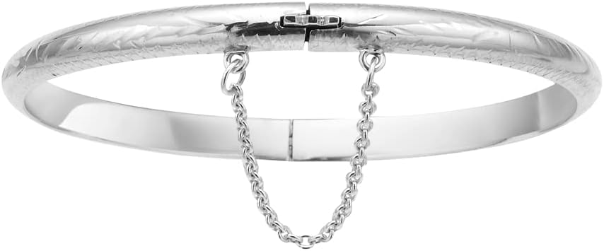 Ritastephens Sterling Silver Polished or Floral Engrave Hinged Bangle Bracelet with Chain