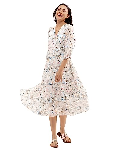 Image of AASK Abstract Printed Puff Sleeve Gathered Detailed Fit Flare Dress