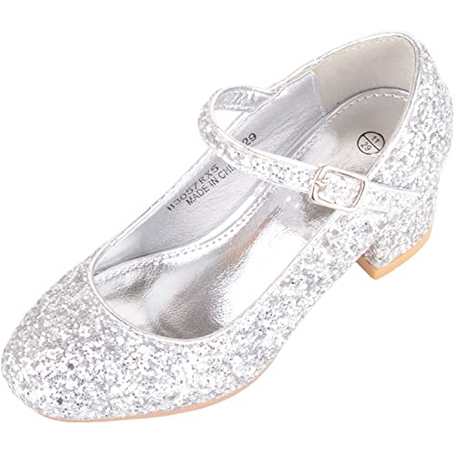 Image of ABSOLUTE FOOTWEAR Kids Girls Heeled Sparkly Glitter Pagent Party Shoes, Silver, UK Child 11 / EU 29