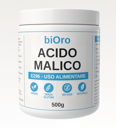 biOro Acido Malico E296 Alimentare 500g · Acidificante Naturale in Polvere · Ideale per Vino, Birra, Marmellate, Caramelle, Dolci e Bevande · Vegan, Senza Glutine, No OGM