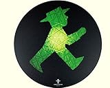 Mouse-Pad auch genannt Rollfeld, ..verhilft zu weltweiten Klicks! Material: PP Folie auf Moosgummi mit hohem Naturkautschukanteil, Rückseite NHF schaumbeschichtet  Farbe: Pad = schwarz / Druck = grün Motiv: Geher Ampelmann  Größe: Ø 21 x 0,3 cm. Mousepad rund Geher Ampelmännchen