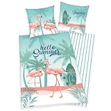 Herding Wende Bettwäsche Set mit Flamingo 135 x 200 + 80 x 80 cm