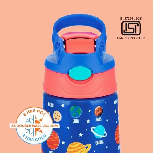Image of Borosil 330 ml Space Design Kids Stainless Steel Bottle | ISI Certified Made in India | 8 Hrs Hot & Cold Double Wall Vacuum Insulated Flask | Push & Straw Lid | Powder Coated Finish | 1 Year Warranty