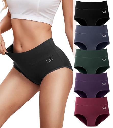 PULIOU Womens Knickers Ladies High Waisted Cotton Underwear Panties Briefs Full Back Coverage Comfy Stretchy Slight Tummy Contorl Multipack of 5