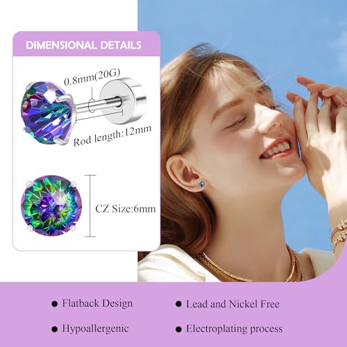 ZDE Titanium Women Flatback Earrings AAAA+ Cubic Zirconia Silver CZ Simulated Diamond Earrings Stud Hypoallergenic Cartilage Earring Piercing Jewelry 6mm2
