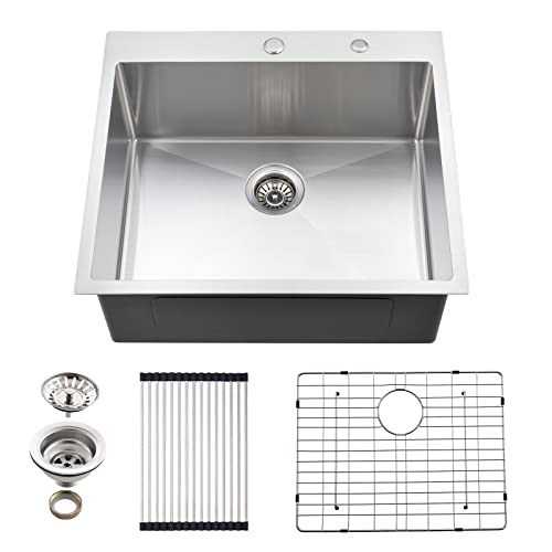 Ecochannels Drop In Kitchen Sink, 25 X 22 X 10 Inch Single Bowl Topmount Sink 16 Gauge T-304 Stainless Steel Kitchen Sinks With Accessories #TOP18